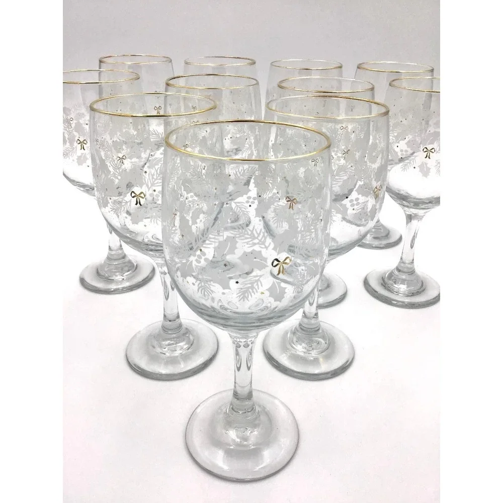 VTG (11) Libbey Arby's Christmas Holiday Wine Glasses Holly Berry Gold Rim 7